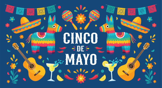 Vibrant Cinco de Mayo celebration illustration featuring pi&ntilde;atas, sombreros, guitars, and margaritas on a dark blue background, perfect for festive designs.