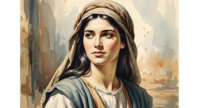 Artistic watercolor illustration of a beautiful young biblical maiden featuring soft muted colors and a vintage aesthetic with delicate brushstrokes and ethereal atmosphere.
