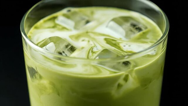 Pouring milk into a glass of iced matcha latte, a refreshing green tea beverage.