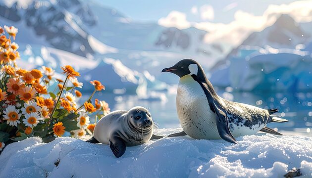 A charming scene depicts a penguin and a seal pup resting on a snowy ice floe, adorned with vibrant orange and white flowers, set against a backdrop of majestic, icy mountains and a serene blue sky.