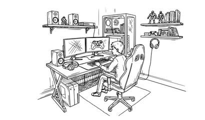 Obraz premium Boy gaming setup in children room detailed black white interior sketch vector illustration