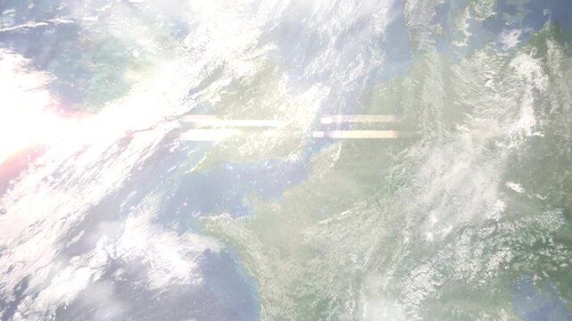 Earth zoom in from space and focus on Eastbourne, England, South East England, Great Britain. Background for travel intro or blog. Satellite view. 3D style Animation. Images from NASA.