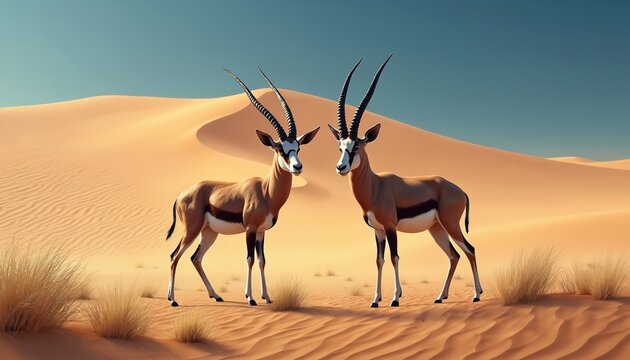 Two springbok antelopes stand on vast sand dunes under clear blue sky. Dry grass grows in desert landscape. Animals have long straight horns. These gazelles look peaceful.