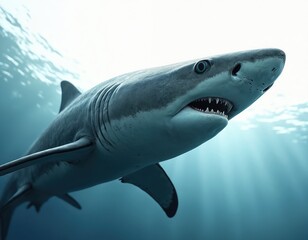 Naklejka premium Great white swims in deep blue ocean water. Powerful predator with sharp teeth surfaces near light rays from above. Marine life in its natural habitat.