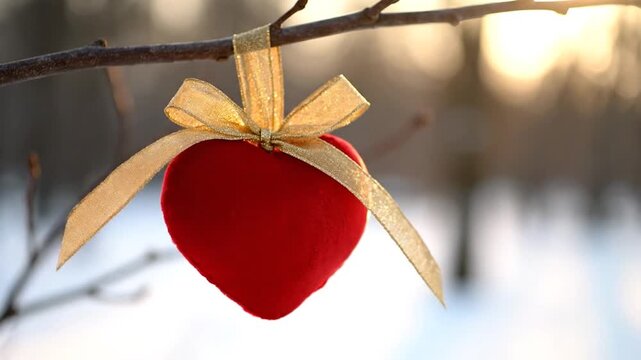 A plush red heart ornament with a golden ribbon hangs from a bare tree branch in winter