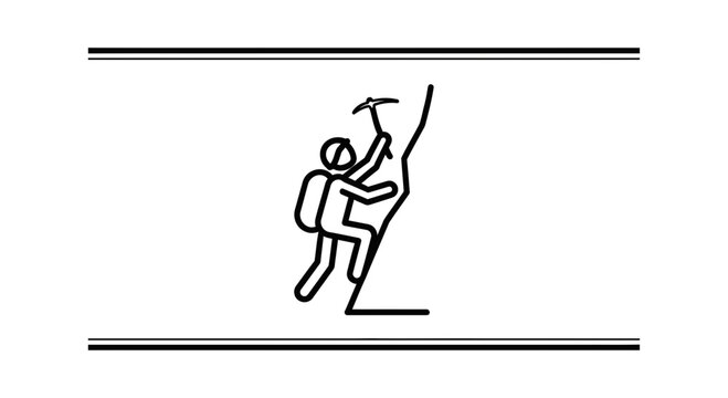 Minimalist line art icon showing a determined individual rock climbing with an ice axe,