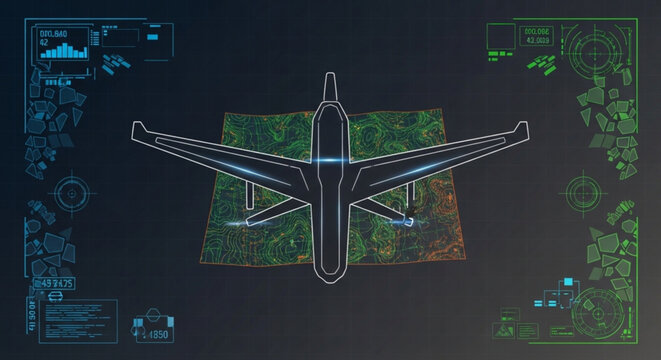 Airplane blueprint aerial view with surveillance maps and tracking data on dark background