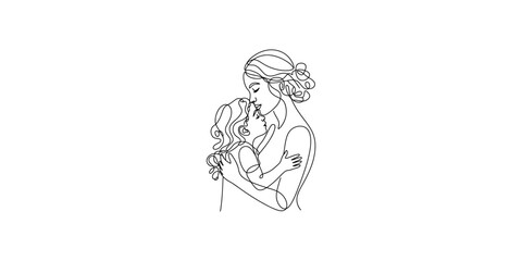 Obraz premium Continuous line drawing of Mother and child embracing in a loving one line drawing portrait hugging love family parent