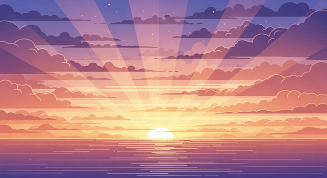 Vibrant sunset over serene ocean with radiant sun rays and fluffy clouds at dusk