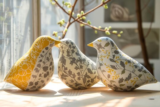 Ceramic polychrome birds yellow grey patterns table display decorative product still life composition