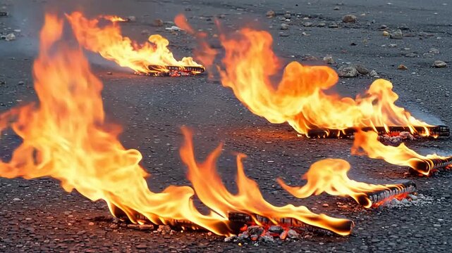 Multiple patches of vibrant orange flames burning intensely on a dark asphalt surface, creating a hazardous and destructive scene
