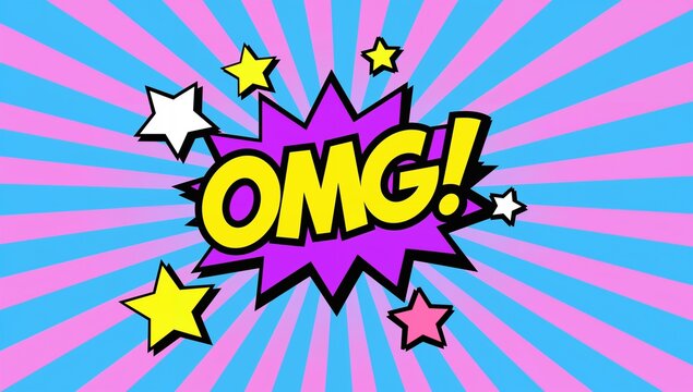 Vibrant retro pop art comic explosion featuring 'OMG!' exclamation mark within a dynamic speech bubble, conveying profound surprise and excitement against a bold striped background