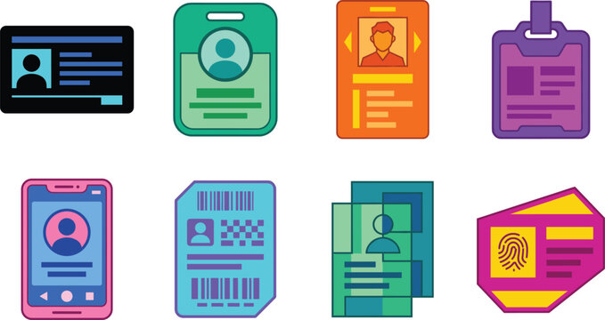 Identification card and personal ID icon set featuring profile badge license symbols for security access and identity design