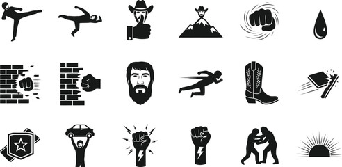 Obraz premium Silhouette icons representing action, strength, and western themes, martial arts