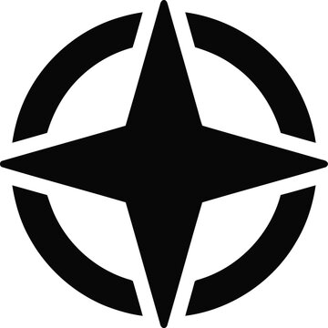 Black silhouette of a four-pointed star within a circular frame, representing direction