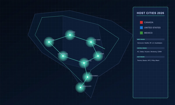 Hand-drawn futuristic digital map of North America 2026 soccer host cities featuring glowing network nodes interface authentic illustration