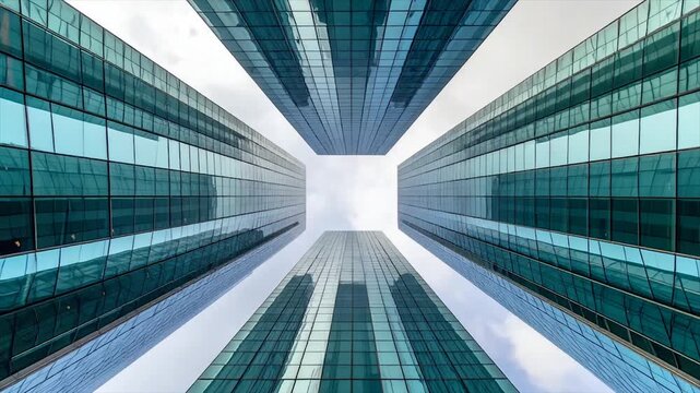 Low-angle view of four modern skyscrapers forming a square, blue-toned glass facades
