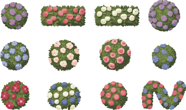 Top view garden bushes set, colorful floral shrubs collection, landscape design elements, vector illustration for landscaping plans and outdoor greenery