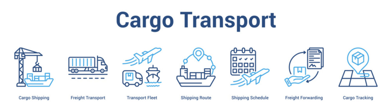 Cargo Transport web banner icon set vector illustration concept for business with icon of Cargo Shipping, Freight Transport, Transport Fleet, Shipping Route, Shipping Schedule, Freight Forwardi.