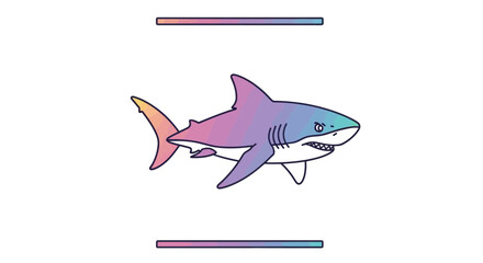 Obraz premium Playful gradient colored cartoon shark with a fierce expression and simple line art illustration