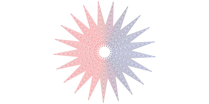 Intricate radial geometric starburst design with gradient red to blue lines on a white background symbolizing energy and dynamism