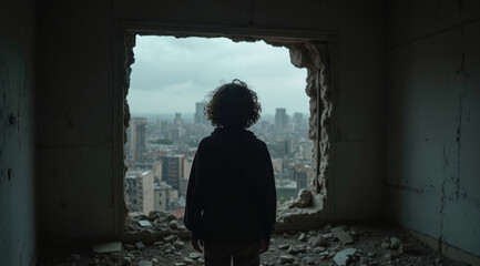 Obraz premium Child in hoodie gazes from broken window of ruined room at city buildings. Debris litters floor, gray overcast sky above. Evokes feelings of isolation, loss, and a fragile future ahead.