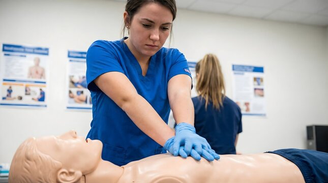 Young Female Medical Student Practicing CPR on a Training Mannequin in a Classroom Setting