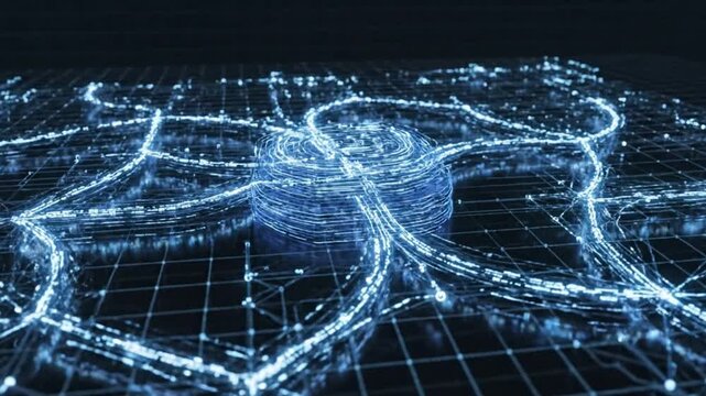 Abstract visualization of a high-speed data loader orchestrating the complex information flow across a luminous technological network infrastructure
