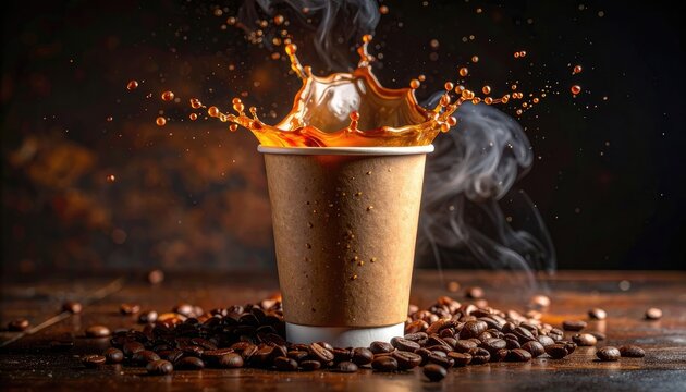 A dynamic shot captures a splash of hot coffee erupting from a paper cup, surrounded by scattered coffee beans and rising steam, creating a visually striking and aromatic scene.