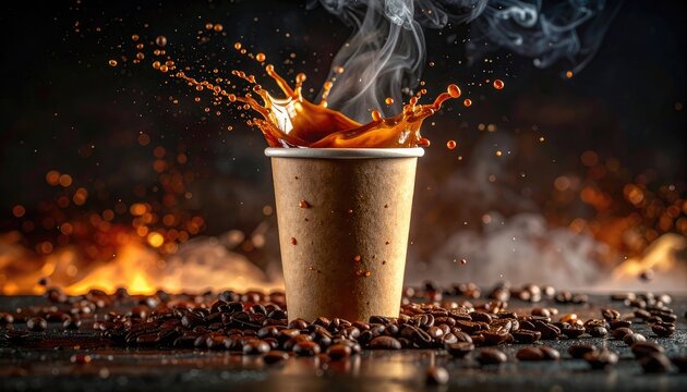 A dynamic close-up captures a paper cup overflowing with hot coffee, surrounded by roasted beans and illuminated by a warm, bokeh-filled background, creating a vibrant and energetic scene.