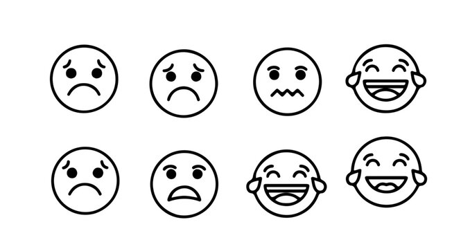 Set of face emojis with different emotions, from sad to happy laughter