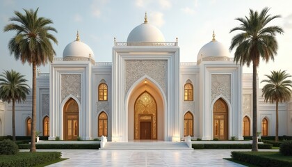 Fototapeta premium Luxurious white palace with ornate gold doors and windows. Palm trees flank grand white building. Tropical facade with classic Arabian architectural details and domes.