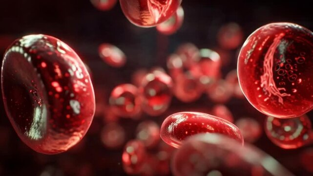 3D rendering of red blood cells flowing through the bloodstream, showcasing oxygen transport and circulation within the human body, with detailed microscopic view of dynamic cellular movement and life
