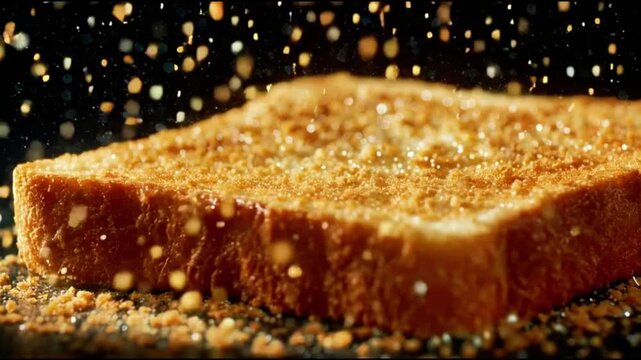 Close up slow motion melting chocolate bar with sprinkles and nuts on dark background