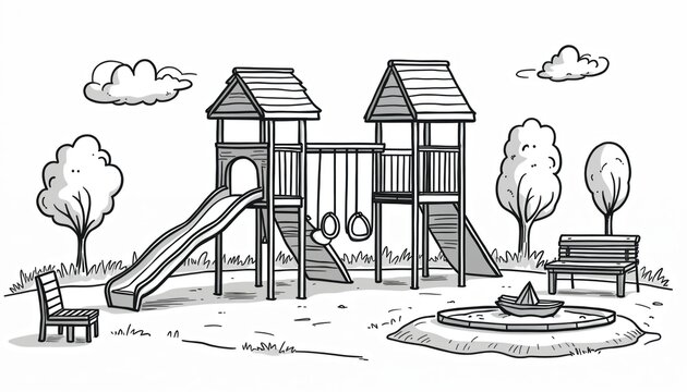 Simple line drawing of an outdoor playground with slides, swings, and a bench. Features trees, clouds, and a sandpit with a toy boat. Minimalist graphic style for kids entertainment concepts.