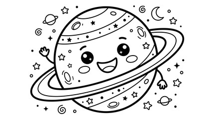 Smiling Cartoon Planet with Rings and Stars. © Suro