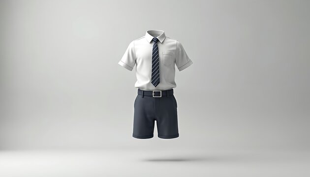 Boys white short sleeve collared shirt with striped tie and dark shorts. Full school uniform outfit shown floating. Classic dress code attire.