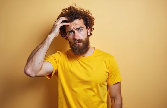 Man in yellow shirt scratches head looking confused. Bearded guy with curly hair shows frustration. Person stands against plain wall, uncertain of next stpic in life.