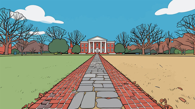 Pathway leading to a large building on a college campus in autumn with bare trees and clear blue sky