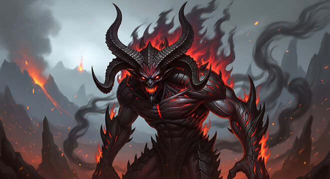 Fearsome horned demon rising from the depths of a volcanic landscape surrounded by burning embers and swirling smoke as this entity reveals its immense power within a dark and dangerous