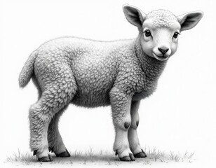 Fototapeta premium Cute fluffy lamb sketch stands on grass. Baby sheep art with soft grey wool, innocent look. Adorable farm animal illustration, tender newborn style. Peaceful rural sketch.
