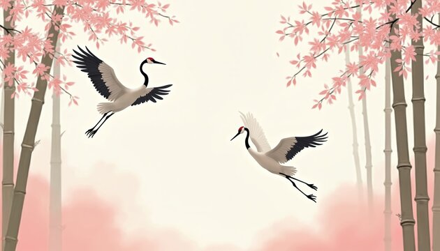 Two elegant cranes fly gracefully through a bamboo forest with pink blossoms. A serene, tranquil Japanese aesthetic scene suggests peace and harmony.