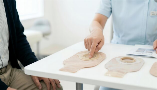 テーブルに並べたストーマ装具を指差して患者に説明する看護師