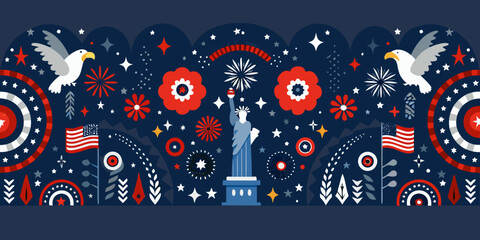 Festive illustration depicting the statue of liberty and american patriotic symbols © prince