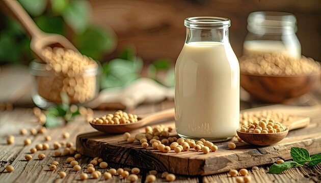 A rustic still life showcases a glass bottle of creamy soy milk surrounded by scattered soybeans and wooden utensils on a weathered wooden surface, evoking a sense of natural and wholesome goodness.