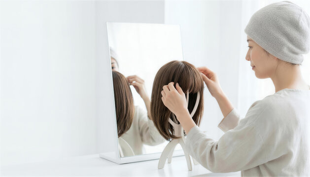 ケア帽子を被り鏡の前で医療用ウィッグの手入れをする女性