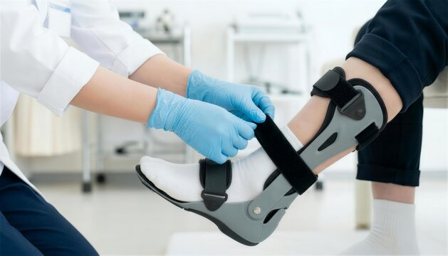 医療用手袋を着用し患者の足に足関節装具を装着する医療従事者