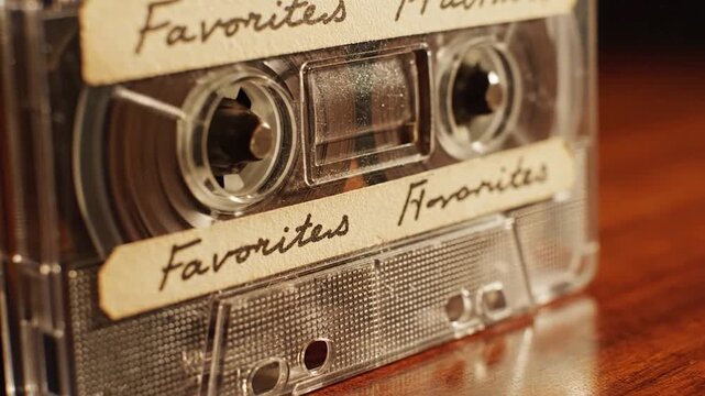 A close-up, vintage audio cassette tape with handwritten labels indicating favorite music, resting on a wooden surface