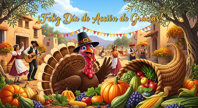 Festive scene featuring a joyful turkey wearing a pilgrim hat celebrating thanksgiving in a rustic village square with people dancing and playing music surrounded by bountiful autumn harvest