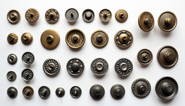 Various metal jean buttons, rivets displayed in neat rows against clean white background. Collection includes round, classic, vintage, decorative styles in bronze, steel, antique finishes, suggesting